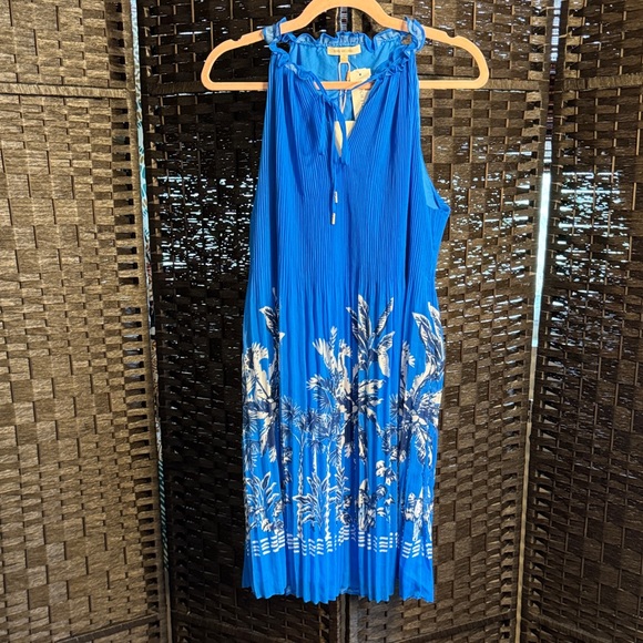 Skies Are Blue Dresses & Skirts - Skies Are Blue Raven Halter Neck Shift Dress Blue Pleated Palm Trees Size Large